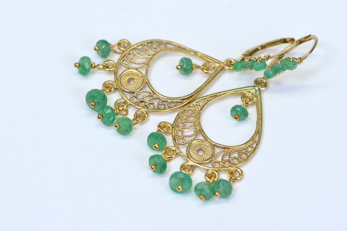 Emerald Earrings: 14K Gold Fill, Filigree Teardrop, May Birthstone