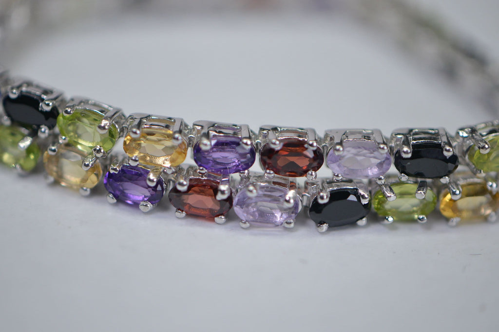 Multi-Gemstone Tennis Bracelet: Black Tourmaline, Garnet, Citrine, Amethyst, Sterling Silver