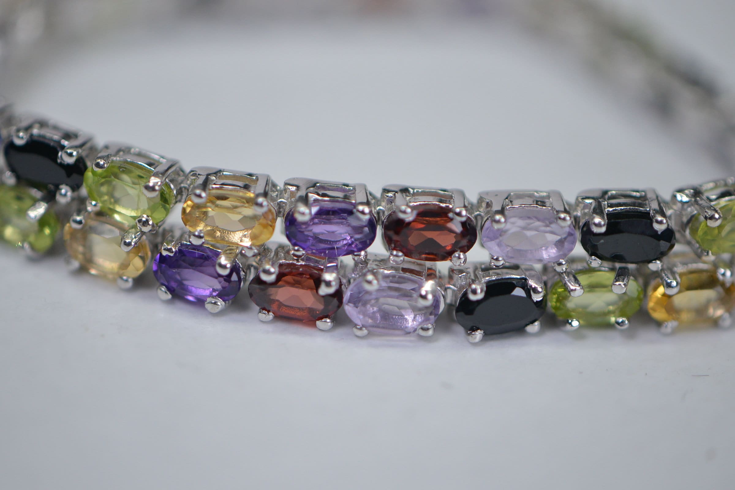 Multi-Gemstone Tennis Bracelet: Black Tourmaline, Garnet, Citrine, Amethyst, Sterling Silver