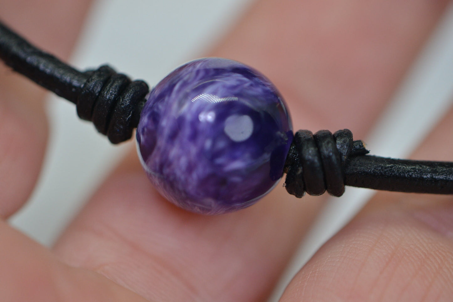 Natural Charoite Leather Cord Bracelet: Sterling Silver Clasp