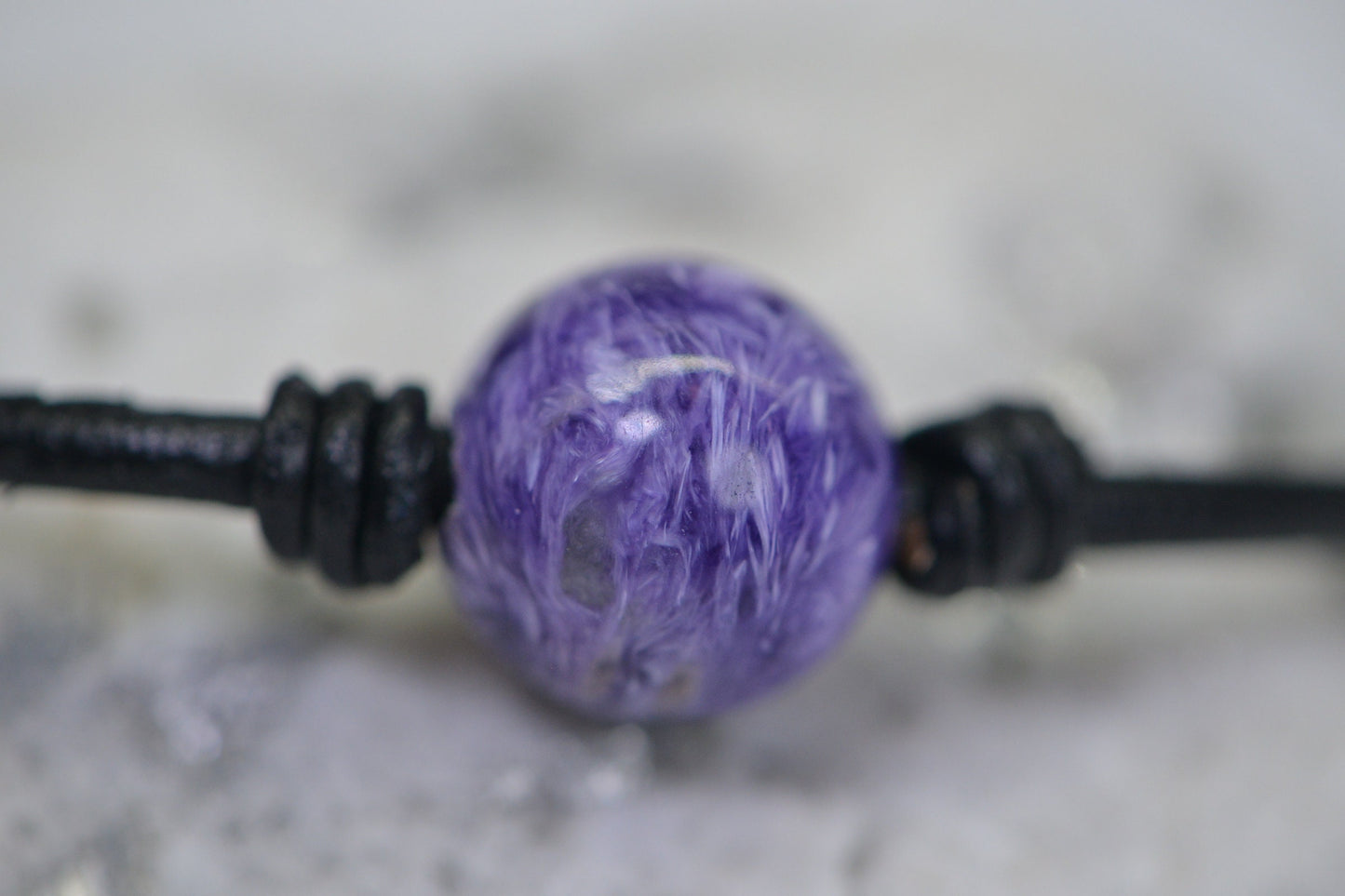 Natural Charoite Leather Cord Bracelet: Sterling Silver Clasp