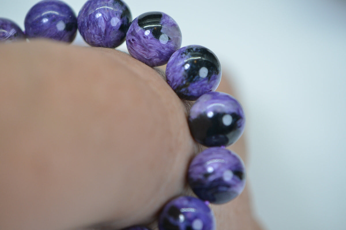 Russian Charoite 13mm Round Beads Bracelet Stretch Cord Deep Purple Gemstone