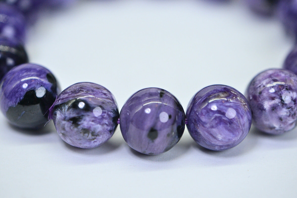 Russian Charoite 13mm Round Beads Bracelet Stretch Cord Deep Purple Gemstone