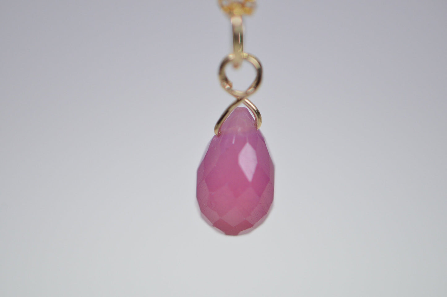 14K Solid Gold Pink Sapphire Teardrop Pendant: Wire Wrapped Charm