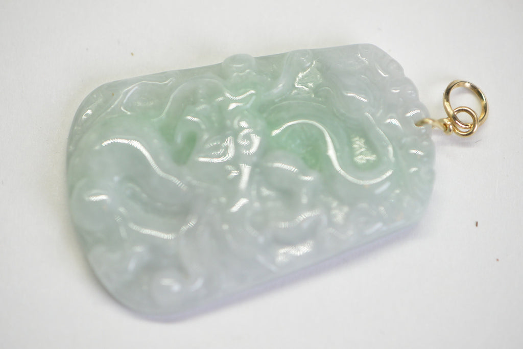 Burmese Green Jade Dragon Amulet Pendant: 14K Gold Wire Wrapped Jadeite