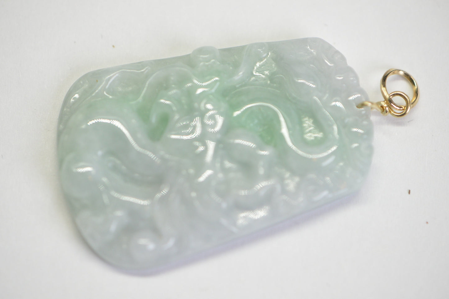 Burmese Green Jade Dragon Amulet Pendant: 14K Gold Wire Wrapped Jadeite