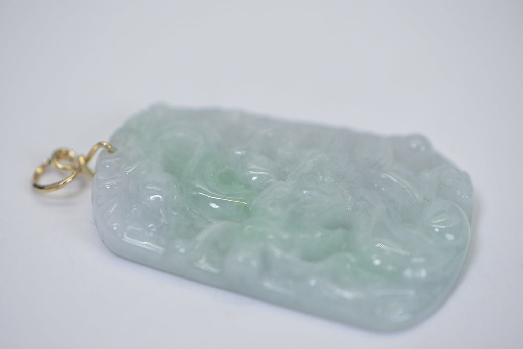 Burmese Green Jade Dragon Amulet Pendant: 14K Gold Wire Wrapped Jadeite