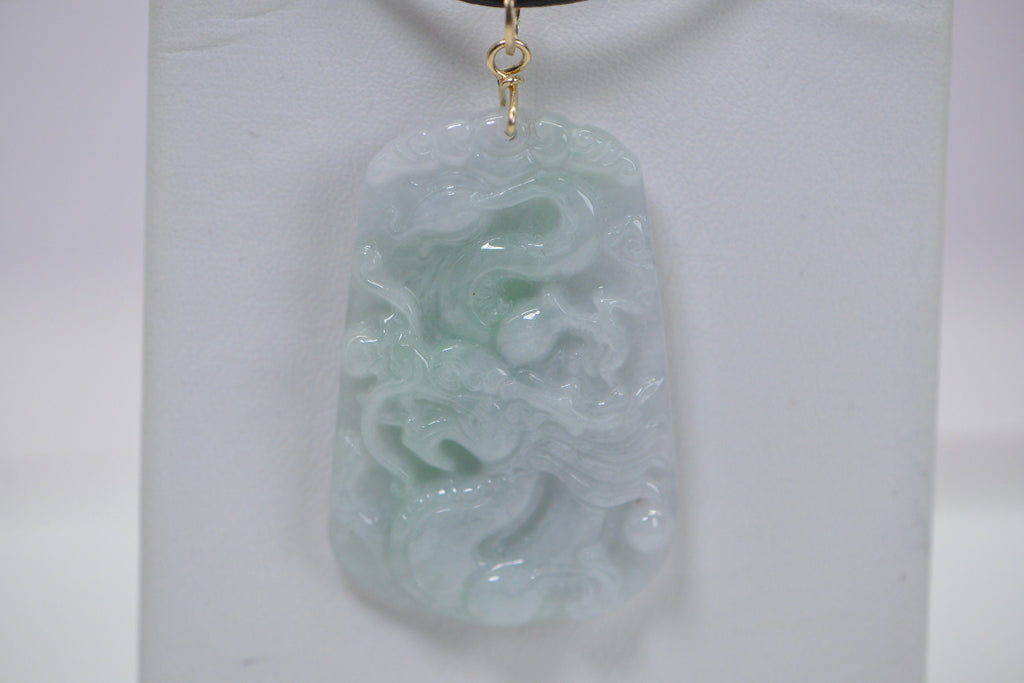 Burmese Green Jade Dragon Amulet Pendant: 14K Gold Wire Wrapped Jadeite