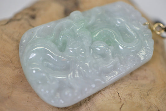 Burmese Green Jade Dragon Amulet Pendant: 14K Gold Wire Wrapped Jadeite