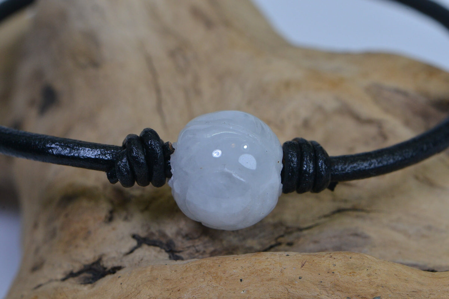 Burma White Jade Lotus Bracelet: Knotted Leather Cord, Sterling Silver Clasp
