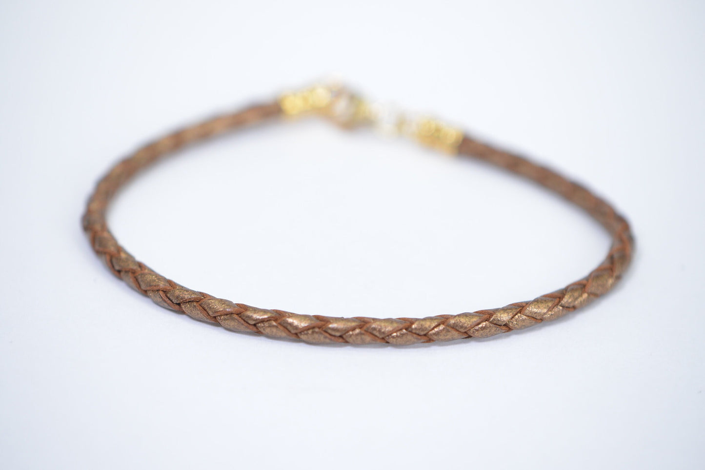 Braided Brown Leather Bracelet: 3mm Charm Cuff, Gold Plated Clasp