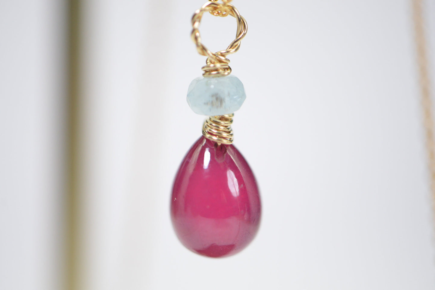Raspberry Ruby and Aquamarine 14K Gold Pendant: Handmade July Birthstone