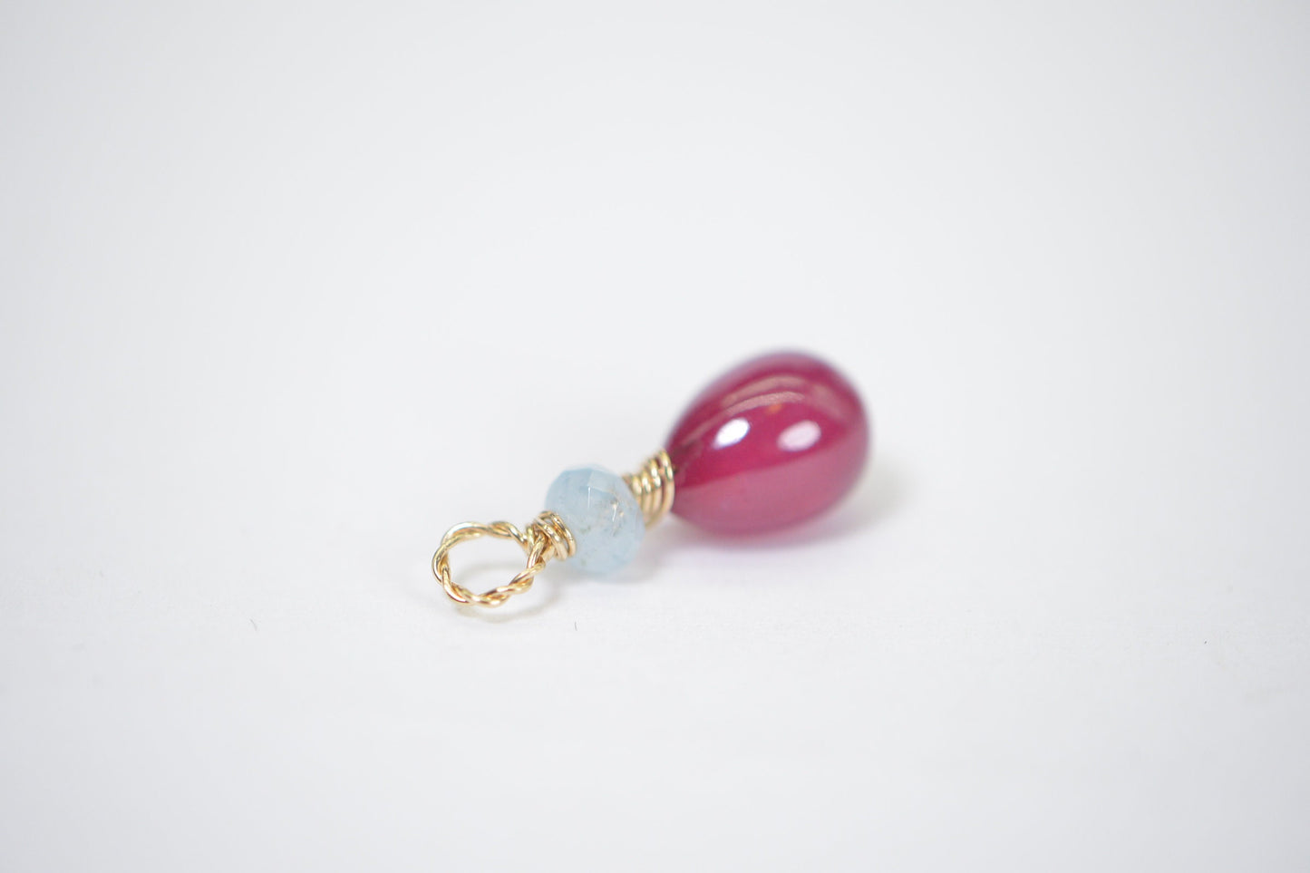 Raspberry Ruby and Aquamarine 14K Gold Pendant: Handmade July Birthstone