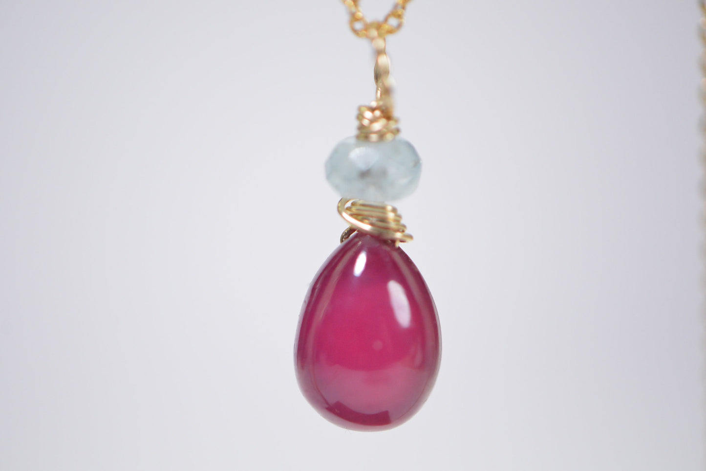 Raspberry Ruby and Aquamarine 14K Gold Pendant: Handmade July Birthstone