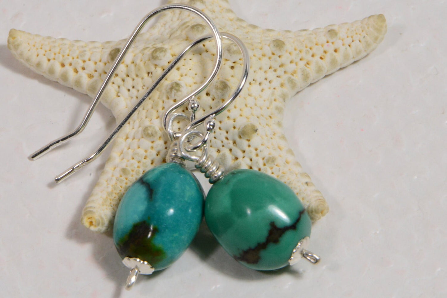 Nevada Blue Turquoise Earrings, Sterling Silver Wire Wrapped