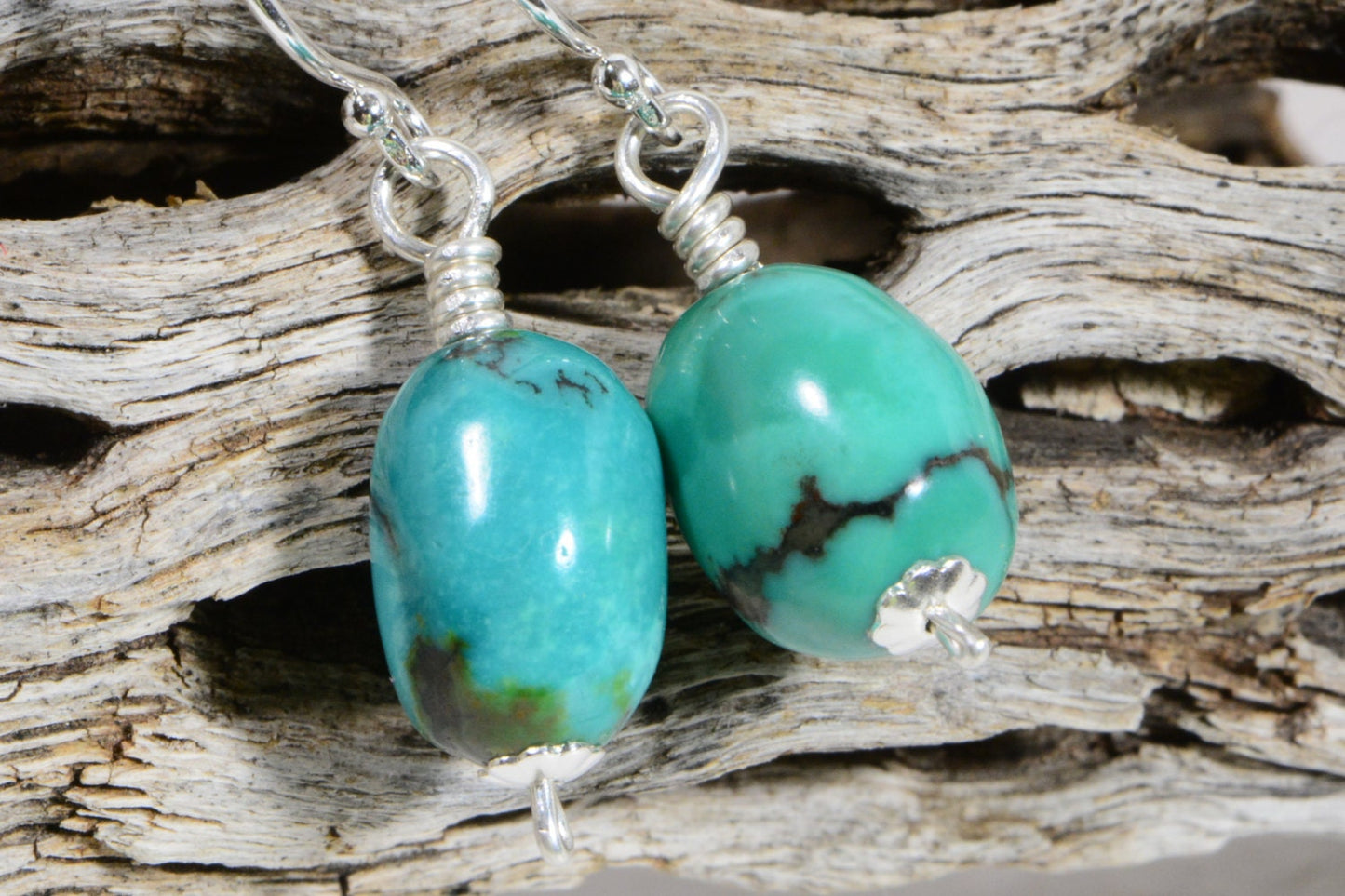 Nevada Blue Turquoise Earrings, Sterling Silver Wire Wrapped
