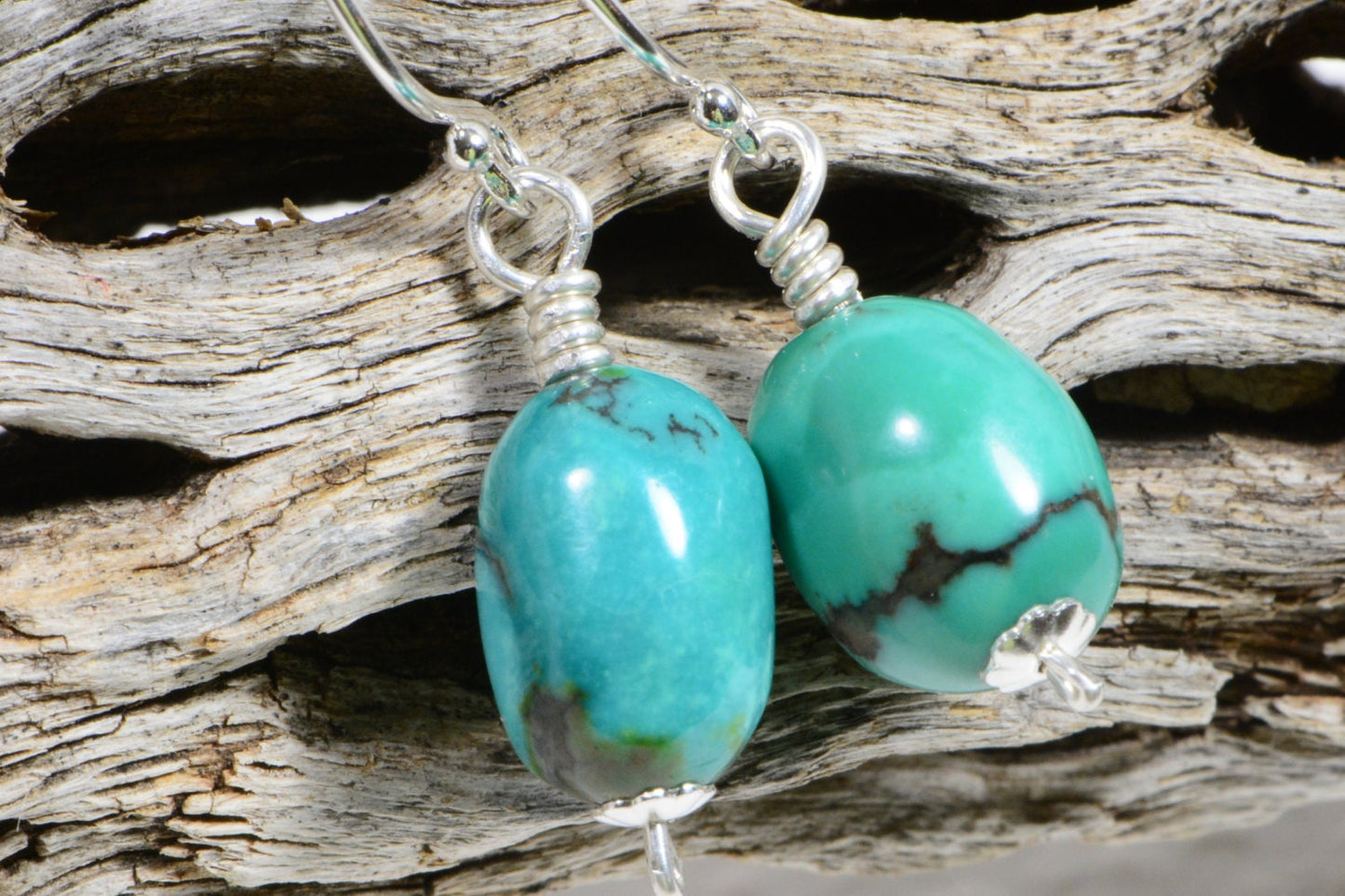 Nevada Blue Turquoise Earrings, Sterling Silver Wire Wrapped