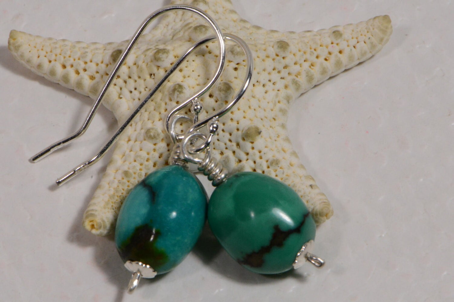 Nevada Blue Turquoise Earrings, Sterling Silver Wire Wrapped
