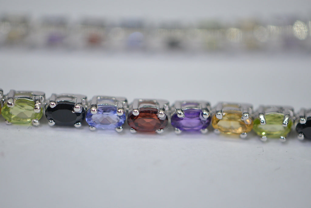 Multi-Gemstone Tennis Bracelet: Black Tourmaline, Garnet, Citrine, Amethyst, Sterling Silver