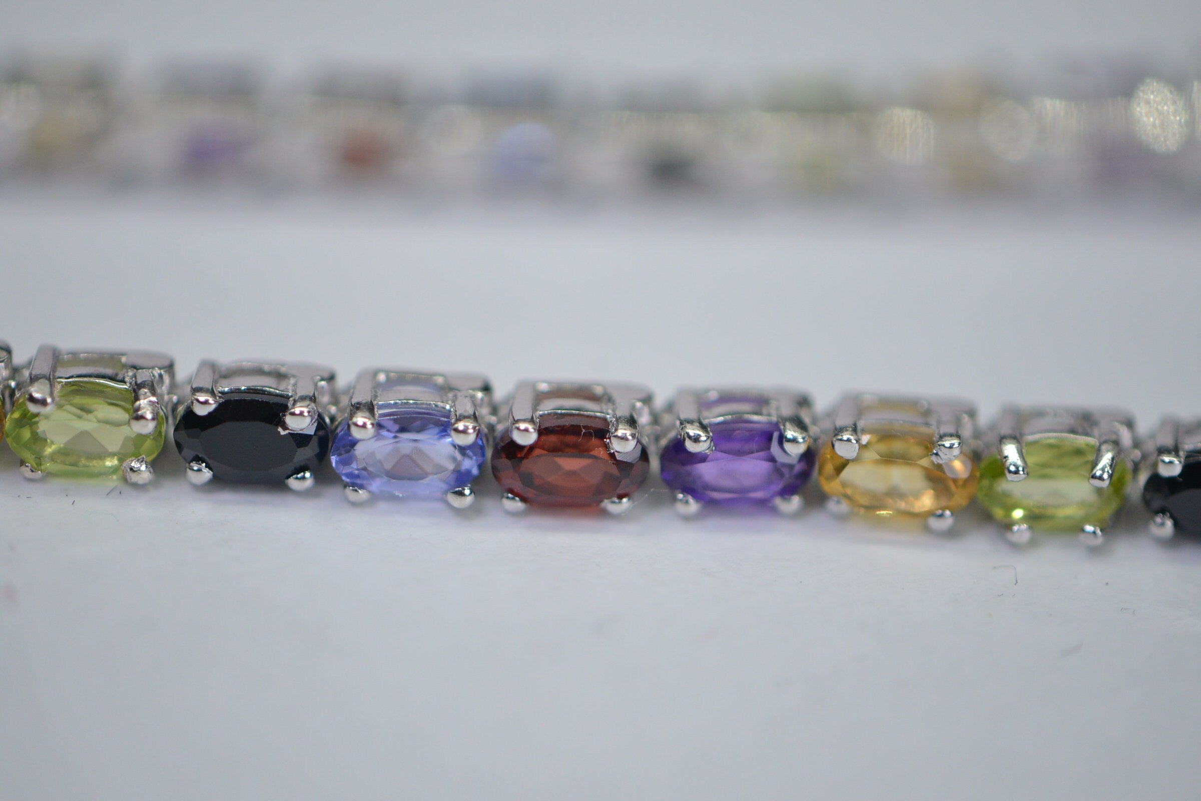 Multi-Gemstone Tennis Bracelet: Black Tourmaline, Garnet, Citrine, Amethyst, Sterling Silver