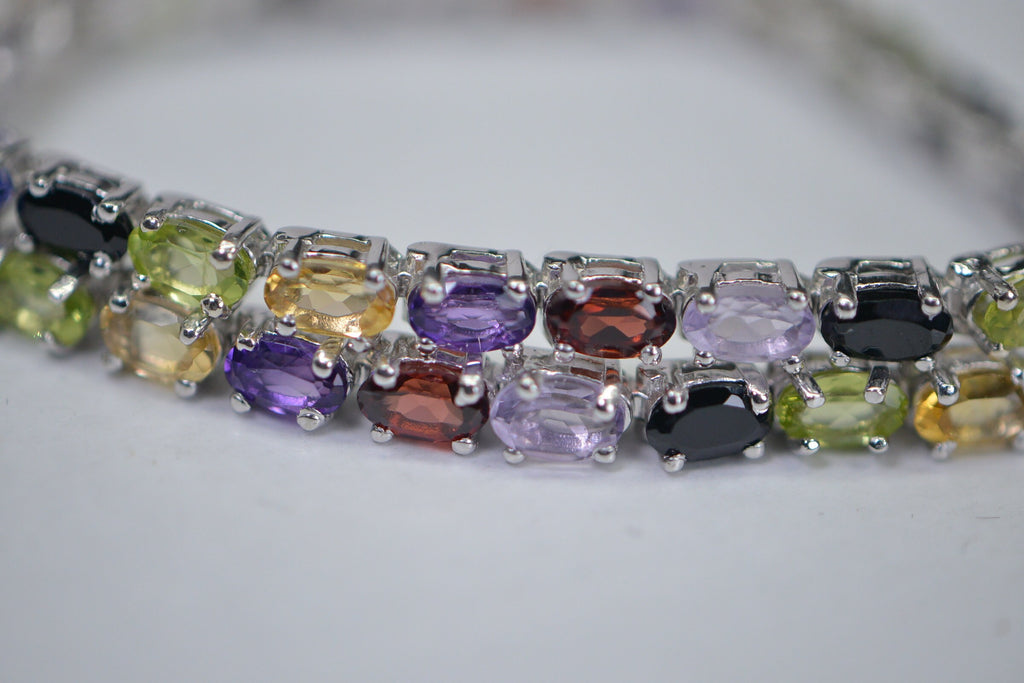 Multi-Gemstone Tennis Bracelet: Black Tourmaline, Garnet, Citrine, Amethyst, Sterling Silver