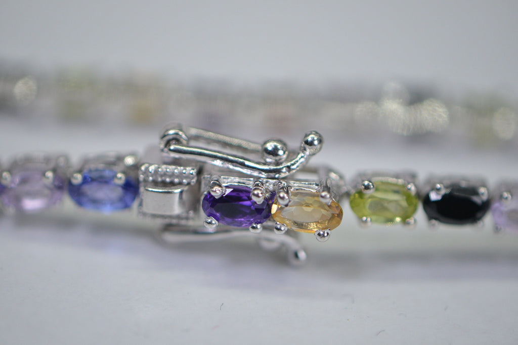 Multi-Gemstone Tennis Bracelet: Black Tourmaline, Garnet, Citrine, Amethyst, Sterling Silver