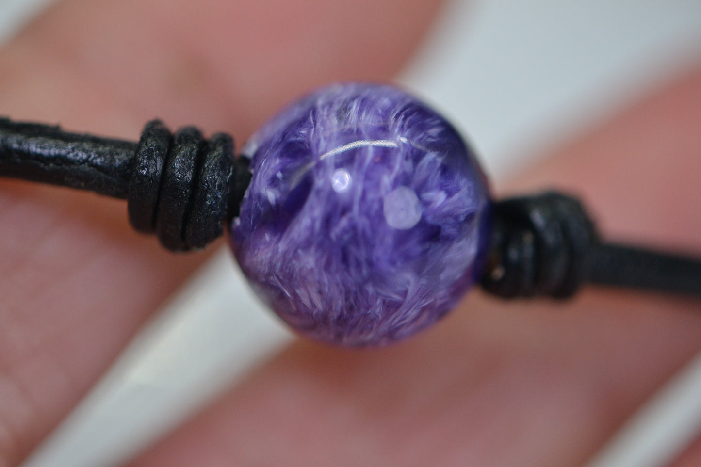 Natural Charoite Leather Cord Bracelet: Sterling Silver Clasp