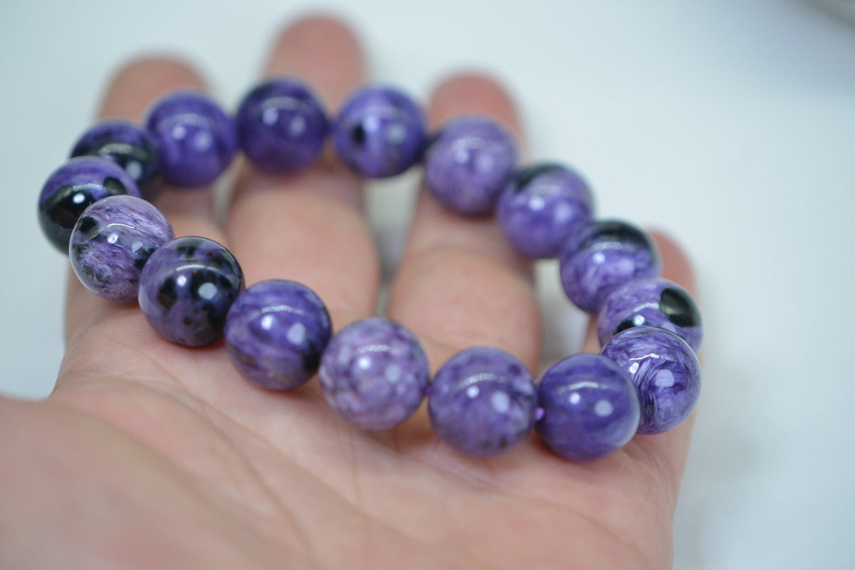 Russian Charoite 13mm Round Beads Bracelet Stretch Cord Deep Purple Gemstone