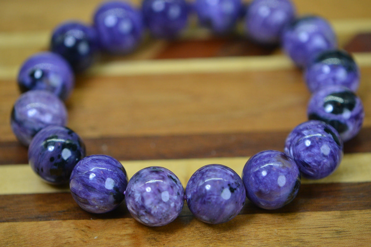 Russian Charoite 13mm Round Beads Bracelet Stretch Cord Deep Purple Gemstone