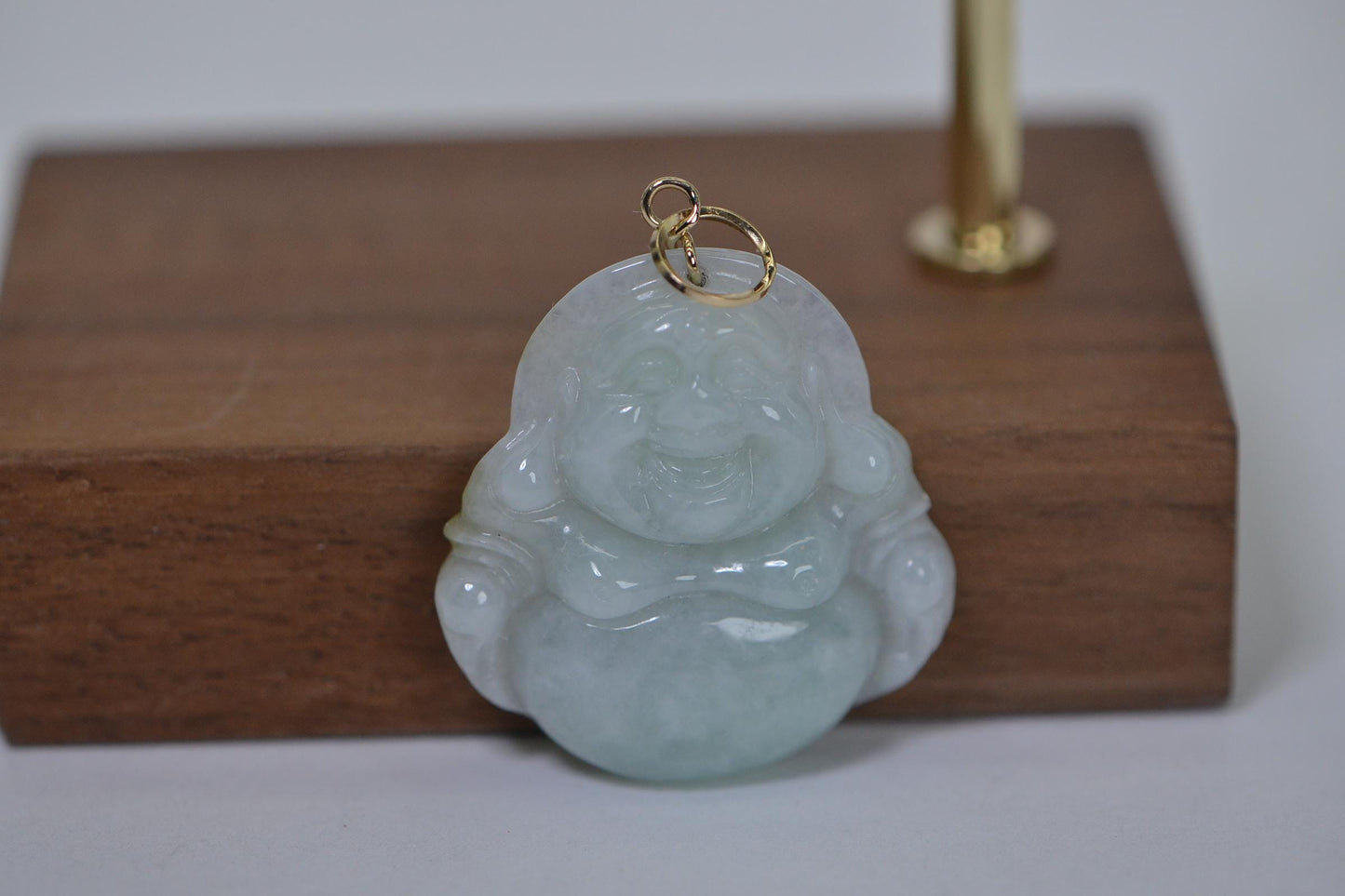 Burmese Jade Laughing Buddha Pendant: 14K Gold, Ice Green Carving
