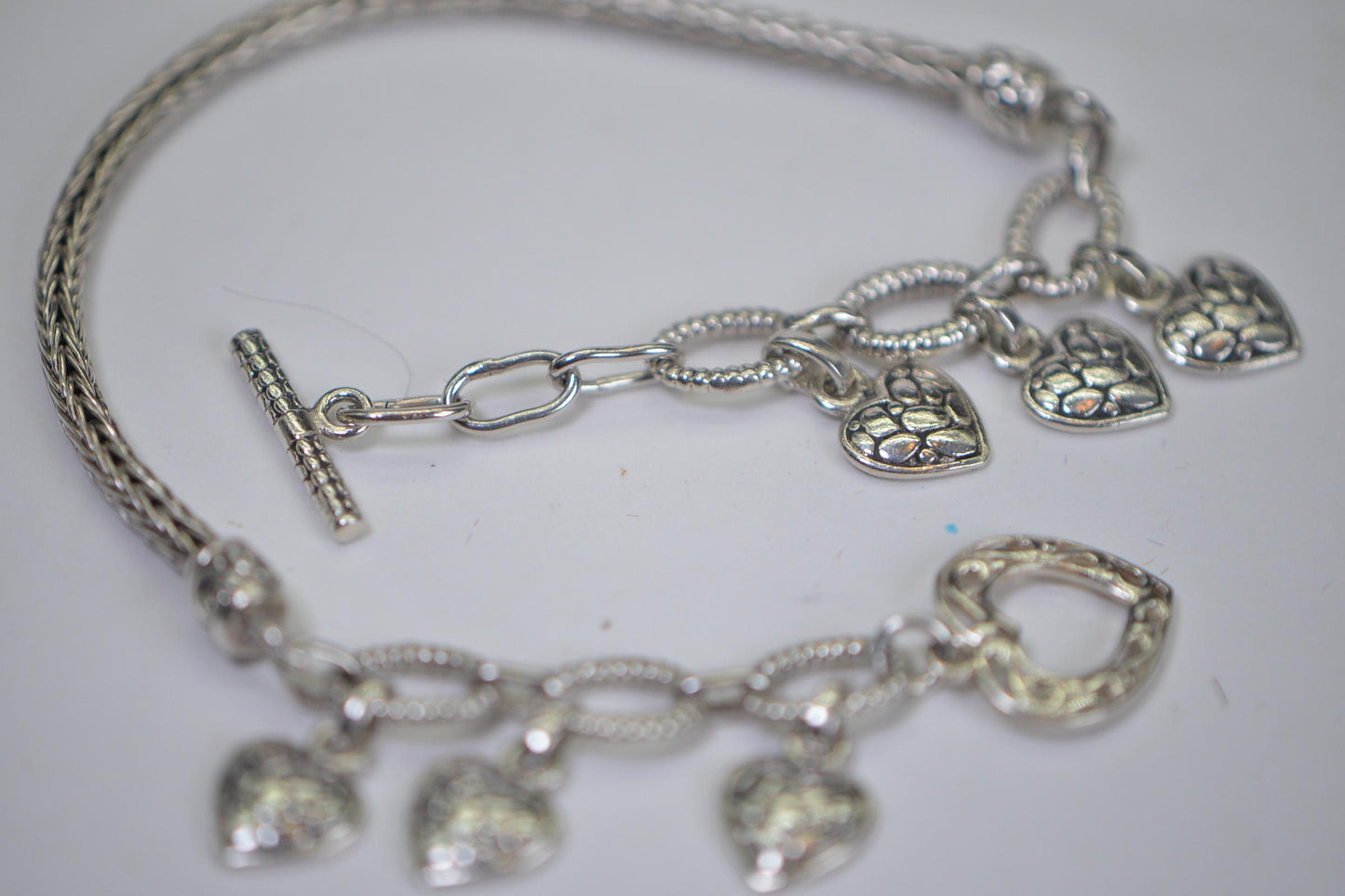 Sterling Silver Heart Charm Bracelet: Viking Weave Dangle Bracelet
