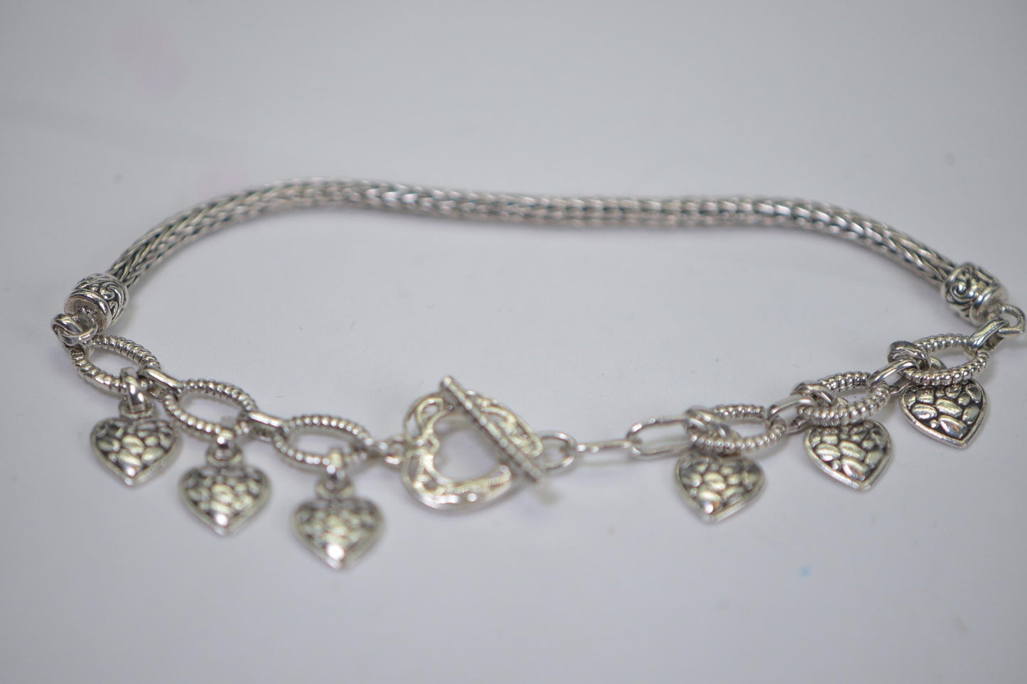Sterling Silver Heart Charm Bracelet: Viking Weave Dangle Bracelet