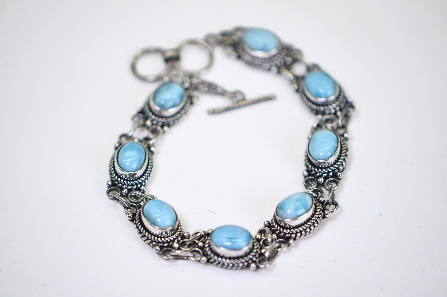 Larimar Bracelet  Solid  Sterling Silver Bezel Set Oval Stone Natural Gemstone Bracelet