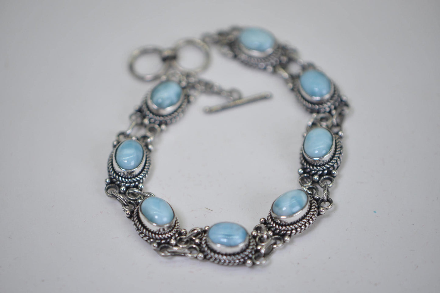 Larimar Bracelet  Solid  Sterling Silver Bezel Set Oval Stone Natural Gemstone Bracelet