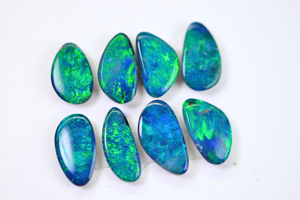 Australian Black Opal Doublet Lot: Metallic Blue Green Freeform Stones