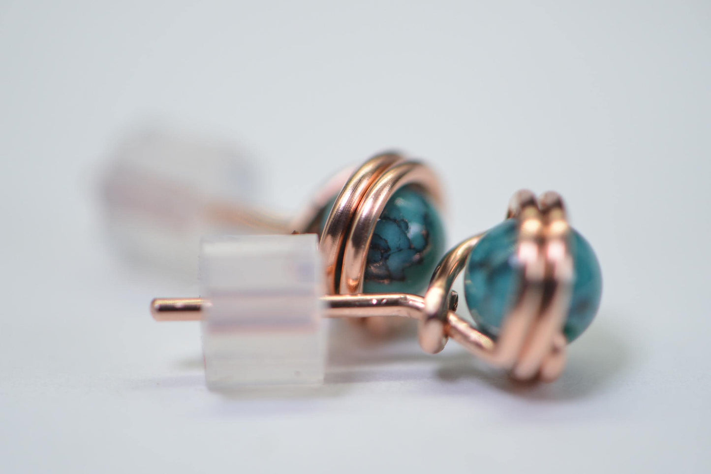 Genuine Turquoise Stud Earrings, Solid Copper Wire Wrapped, 6mm