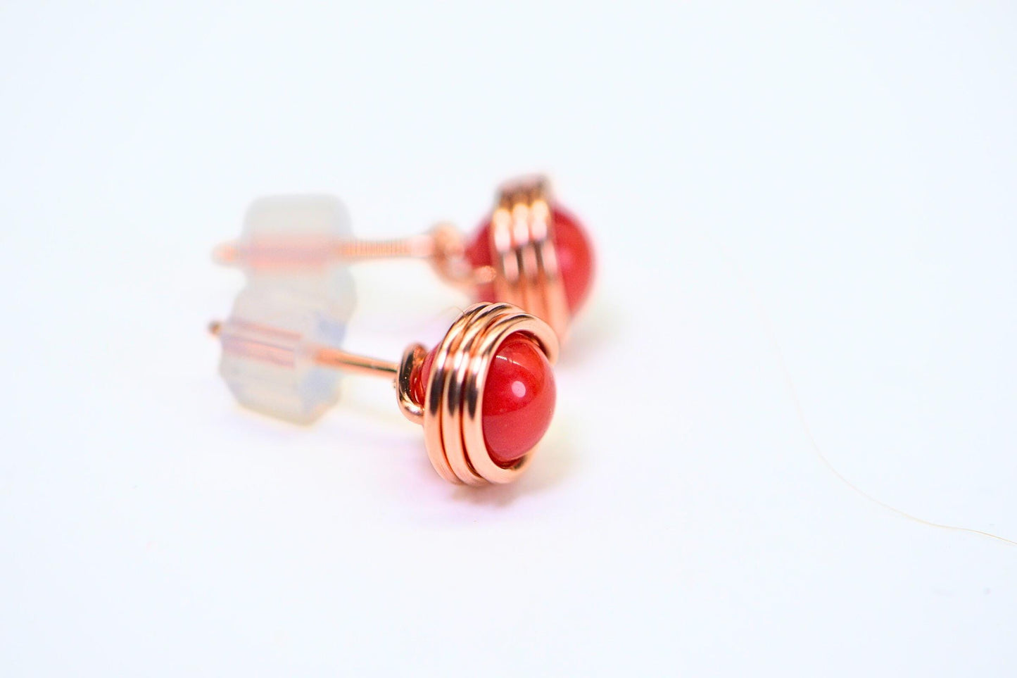 Red Coral Stud Earrings Wire Wrapped Solid Copper Tiny Post Earrings