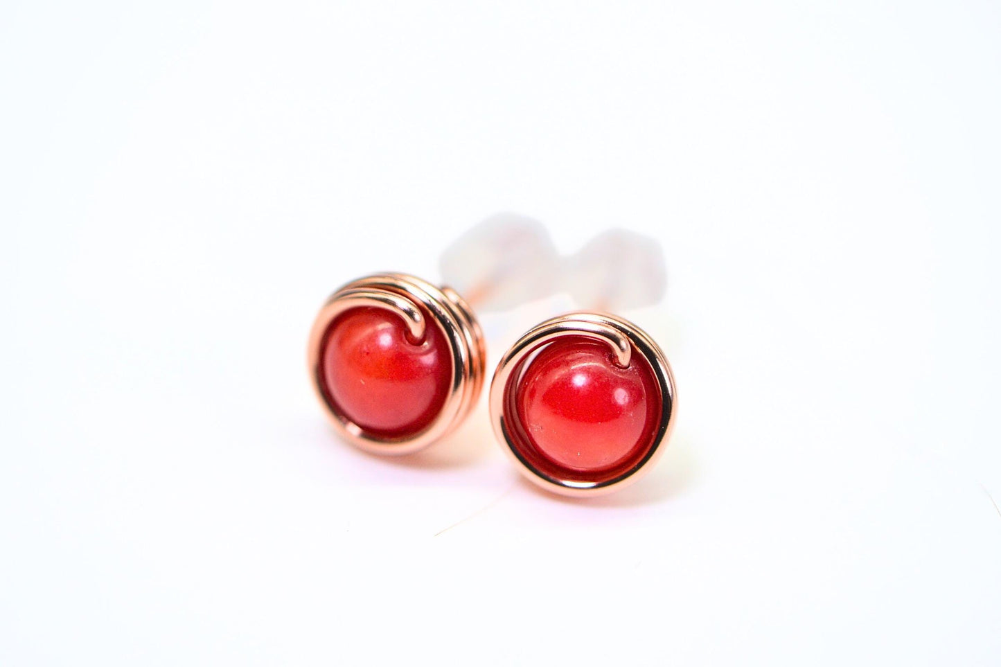 Red Coral Stud Earrings Wire Wrapped Solid Copper Tiny Post Earrings