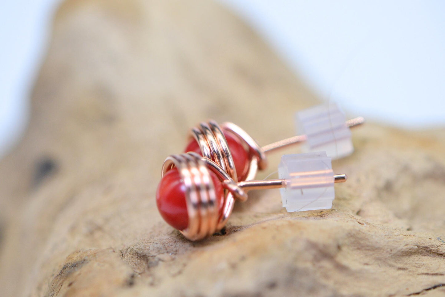Red Coral Stud Earrings Wire Wrapped Solid Copper Tiny Post Earrings