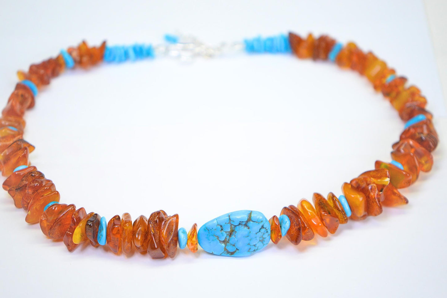 Sleeping Beauty Turquoise & Raw Amber Necklace: Sterling Silver Toggle