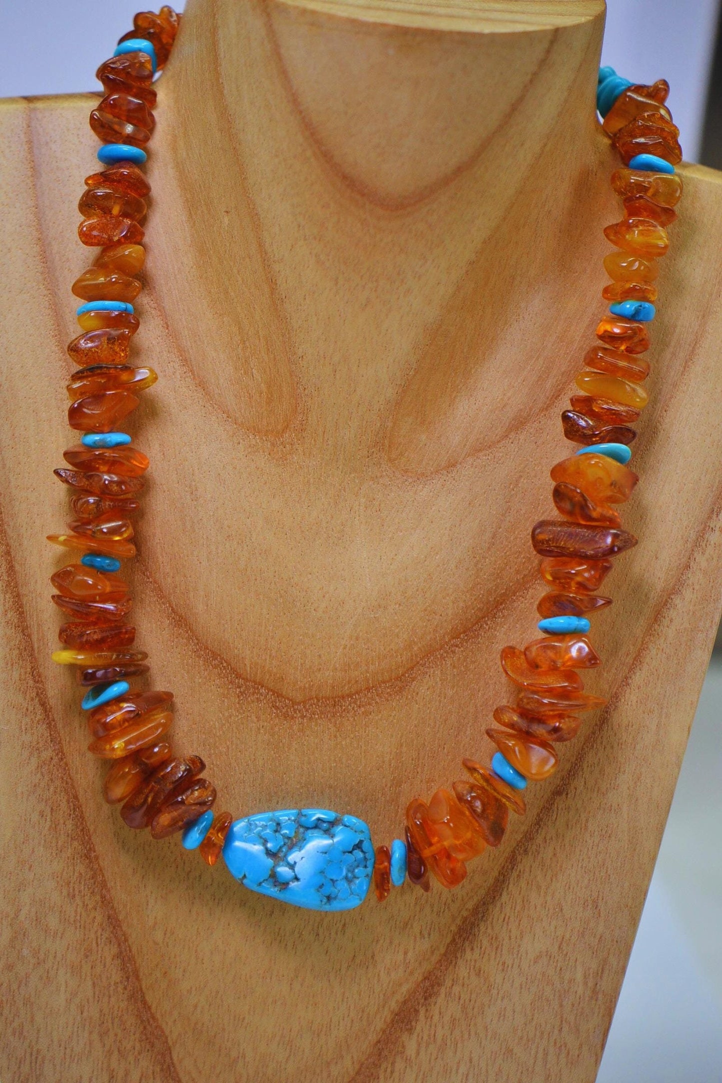 Sleeping Beauty Turquoise & Raw Amber Necklace: Sterling Silver Toggle
