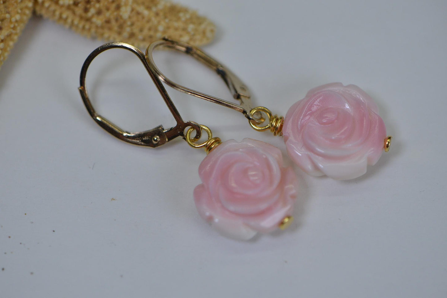 14K Gold Pink Conch Shell Rose Earrings: Carved Flower Gemstone