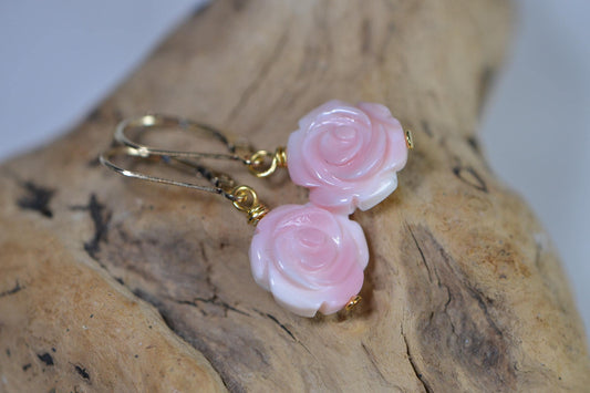 14K Gold Pink Conch Shell Rose Earrings: Carved Flower Gemstone
