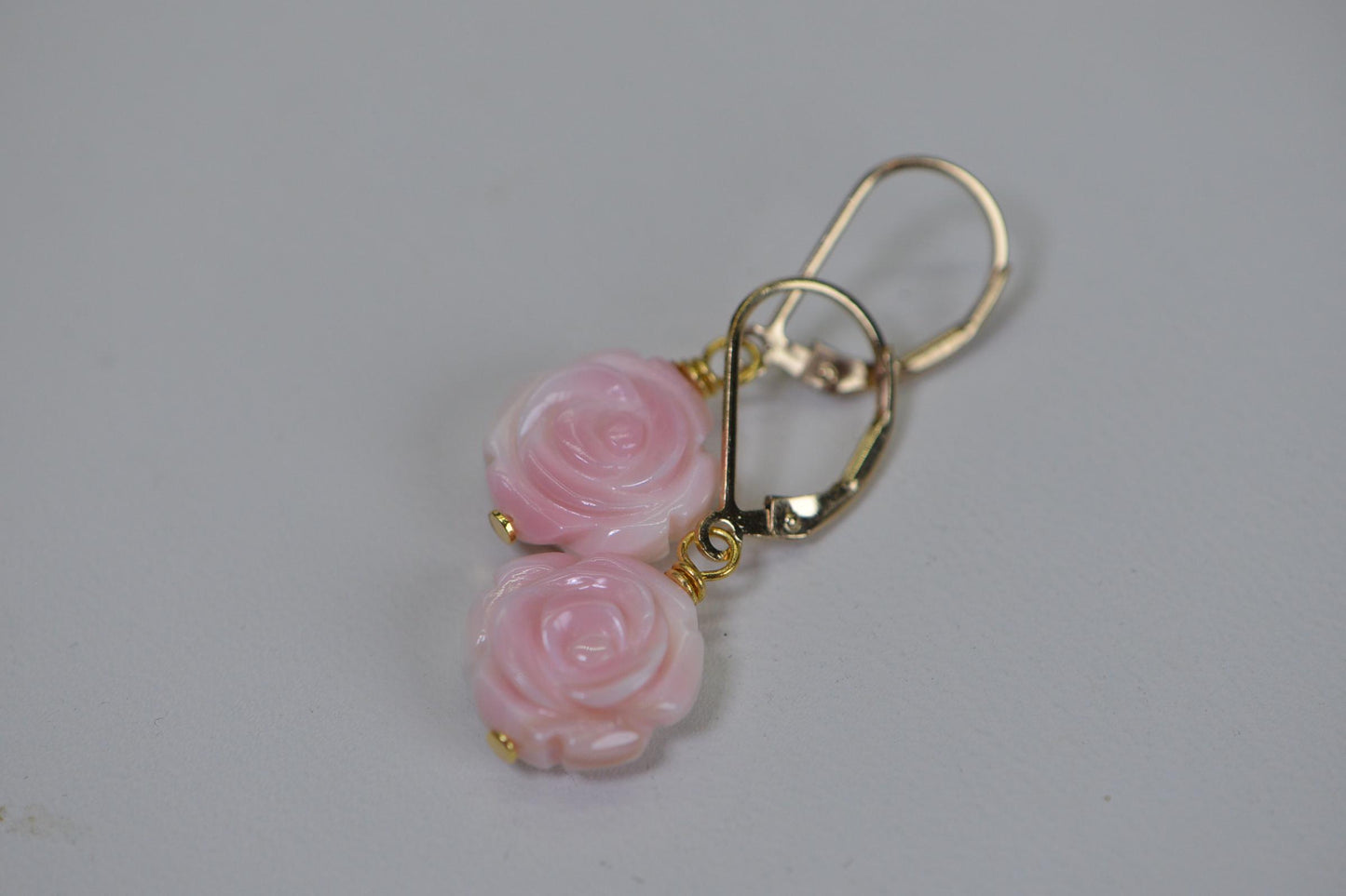 14K Gold Pink Conch Shell Rose Earrings: Carved Flower Gemstone