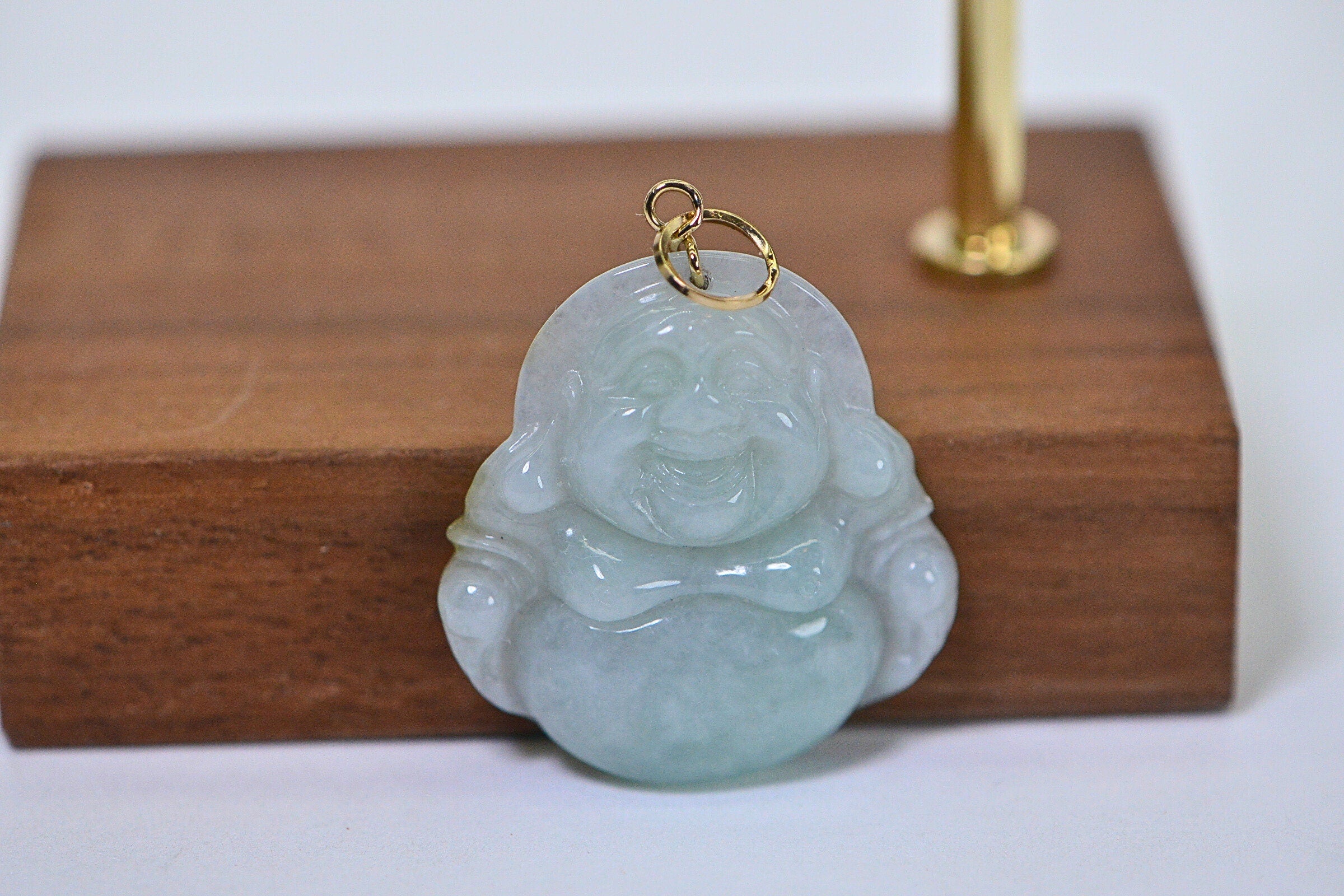 Carved Jade Buddha Pendant: 14K Gold, Burmese Jadeite