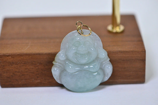 Carved Jade Buddha Pendant: 14K Gold, Burmese Jadeite
