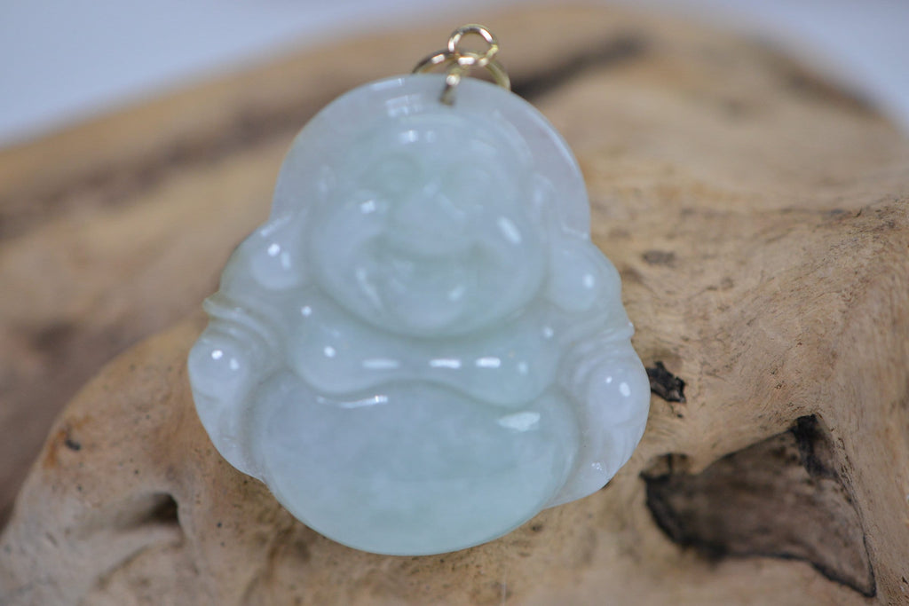 Carved Jade Buddha Pendant: 14K Gold, Burmese Jadeite