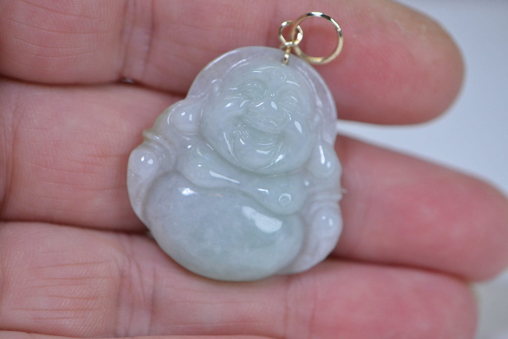 Carved Jade Buddha Pendant: 14K Gold, Burmese Jadeite