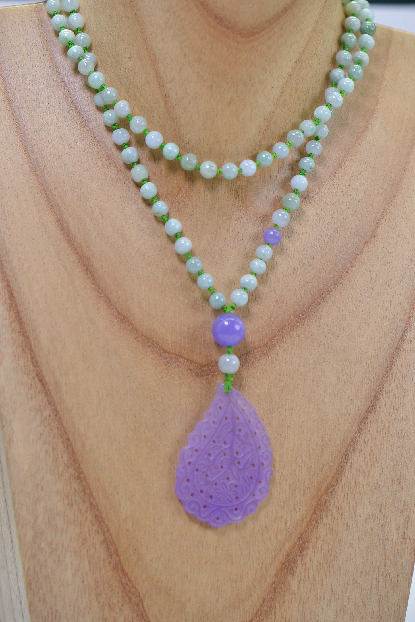 Carved Floral Purple Jade Pendant Necklace: Burma Green Jade Knotted Lariat, 26 inch