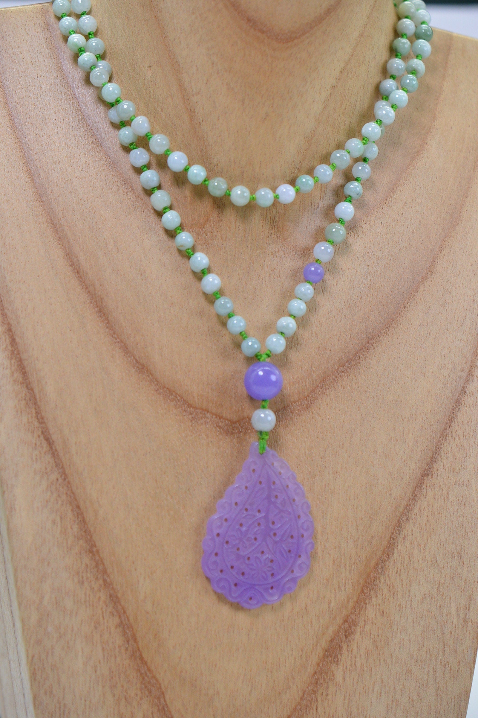 Carved Floral Purple Jade Pendant Necklace: Burma Green Jade Knotted Lariat, 26 inch